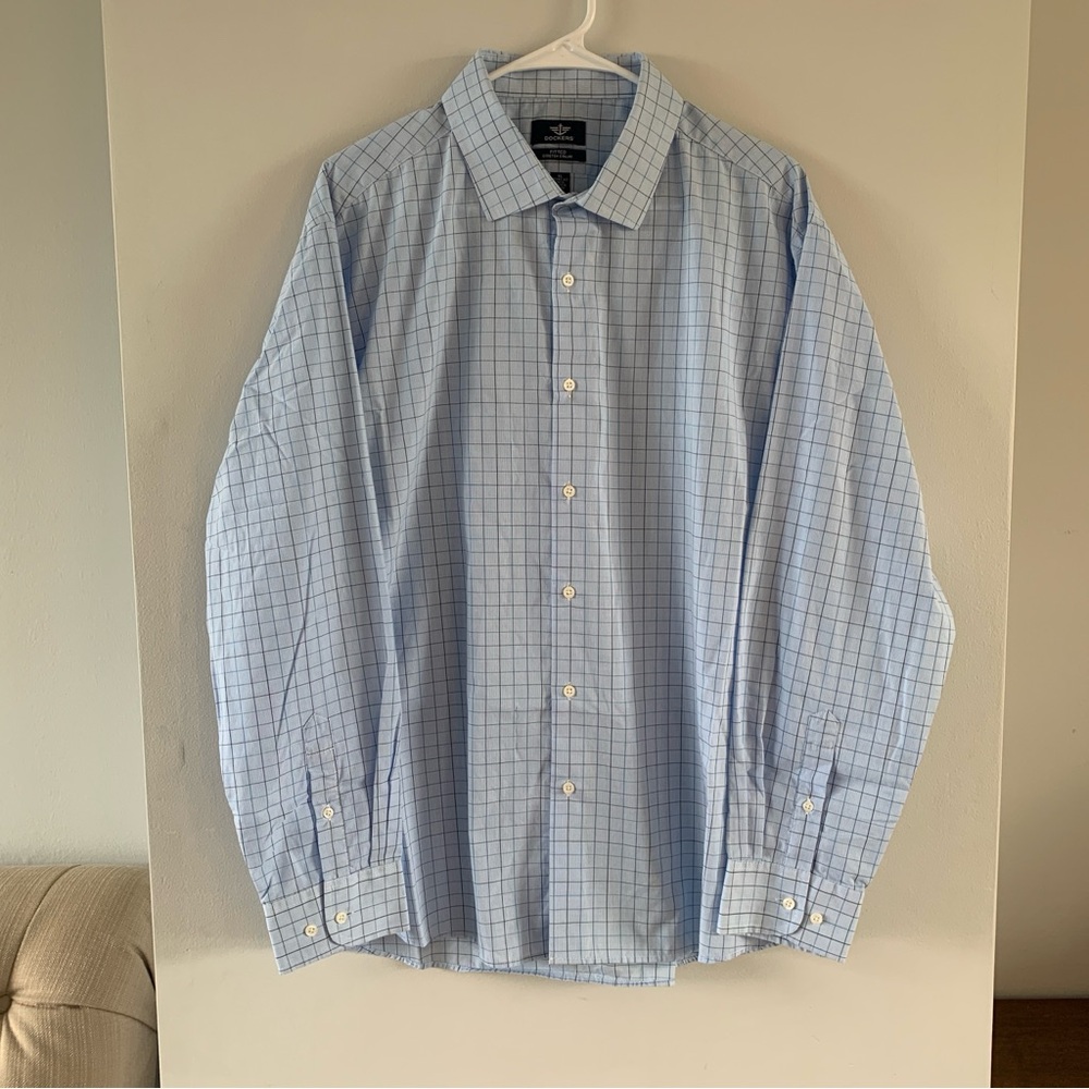 Check Dress Shirt Size XL Dockers Light Blue Fitted Long Sleeve Mens